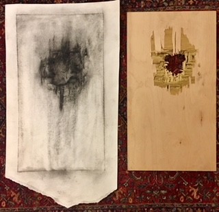 Charcoal drawing on embossed paper and plywood panel with ballistic damage