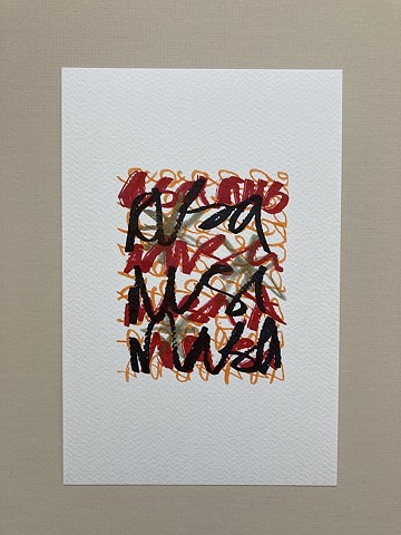 Small abstract with Asemic script on watercolour paper red orange black