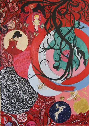 Black vines, patterns, deer, skipping rope, target, bees, Red painting by Terri Whetstone