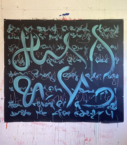 Abstract painting with Asemic script turquoise on black paper