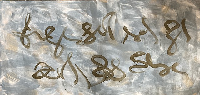 Abstract painting with Asemic script in bronze on brushy muted ground