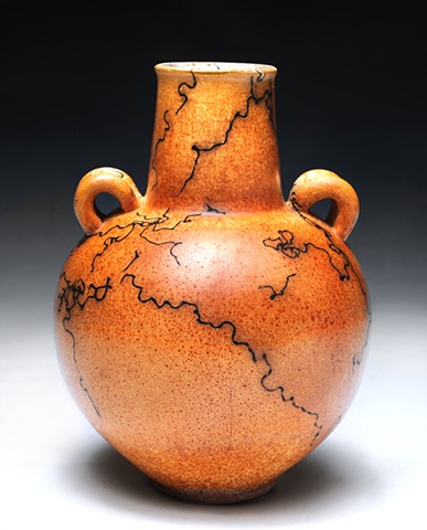 Horsehair Raku Ceramic Urn with Handles and Fired with Horsehair