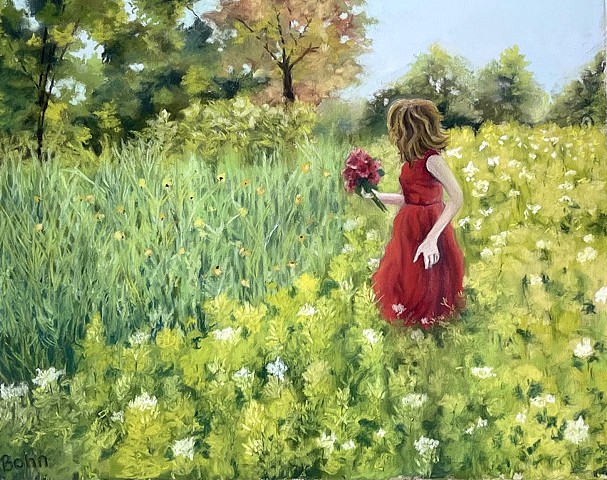 Girl in field of flowers, wearing red dress, holding a bouquet