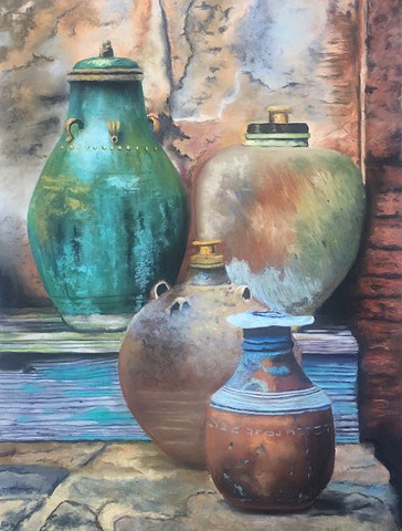 Textured, colorful jugs, being sold at market, stone floor