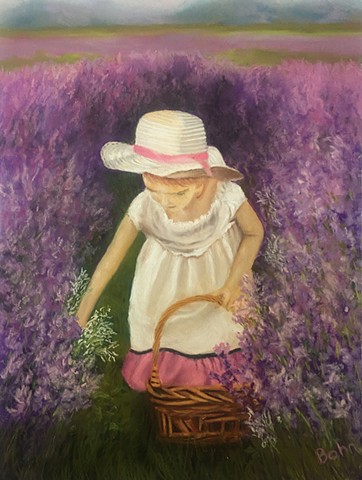 Young Girl, picking flowers, lavender field