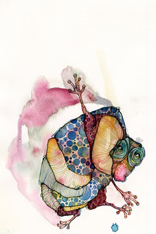 Schmincke Horadam watercolor painting by betsy heistand jones of a creature with hands and a sad face this one is very brightly colored. Betsy is a contemporary artist who makes anthropomorphic and sometimes dark artworkd