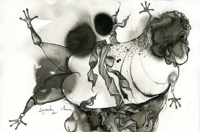 for sale squeaky clean ink drawing by the artist betsy heistand jones of a creature with ribbons and bows and spots india ink cooper union alumni