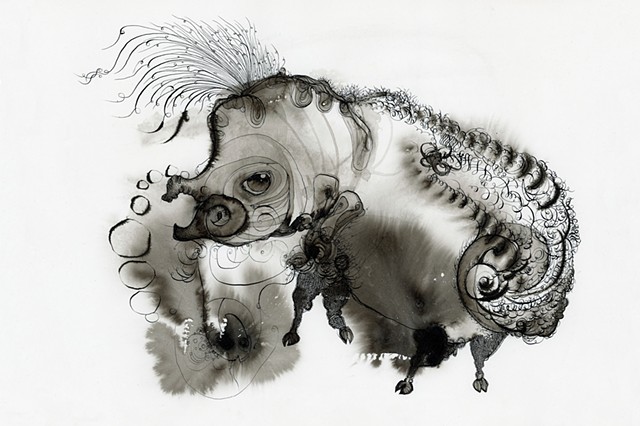 an ink drawing in the outsider art style with a creature done with in and a dip pen available works by betsy heistand jones done at the cooper union art brut surrealism 