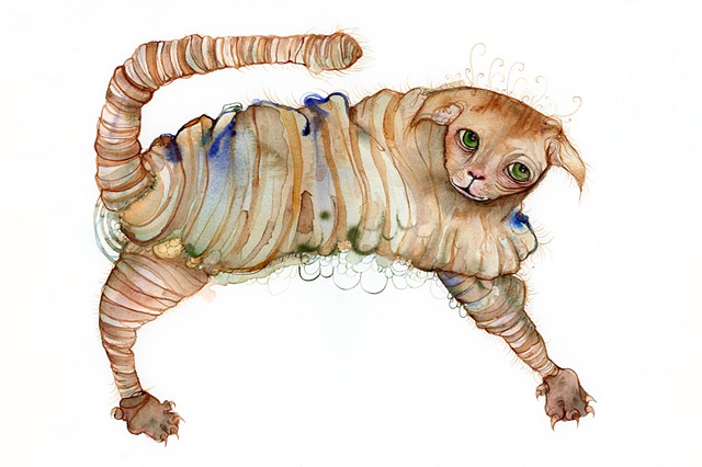 This is an original watercolor by betsy heistand jones, a contemporary artist. This expressive painting of a cat uses the fluid movement of color combined with maximalist markmaking. Betsy's odd and expressive style is unique and collectable.