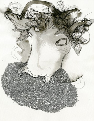 This is a pen and ink drawing of a bull head with a wreath of flowers on saunders watercolor paper by betsy heistand jones. india ink with brush and steel dip pen . illustration. betsy s jones. cooper union