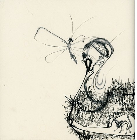 an ink drawing on kozo japanese paper of a insect with a small ground creature and a bird in a landscape so don't hide in the ground by betsy heistand jones at the cooper union alumni japanese paper art brut outsider art line drawings surrealism