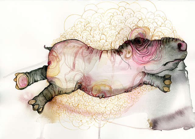 Schmincke Horadam watercolor painting by betsy heistand jones of a baby hippo yellow pink and white cooper union