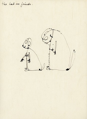 an ink drawing of two animals with breasts pointing by betsy heistand jones. one is sad at the cooper union alumni line drawing animals