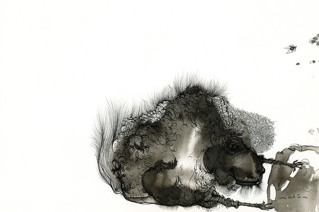 This is a contemporary maximalist drawing by the artist betsy heistand jones. Made with india ink on watercolor paper, this artwork features a creature built up with fine calligraphic lines use brush, dip pen and flowing ink splatters.