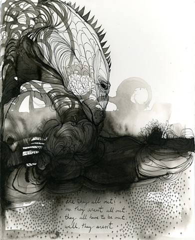 calligraphy of an ink drawing of a sea creature looking downward with pointy fins. human eyes. texted. illustration by betsy heistand jones. betsy jones. betsy s jones cooper union