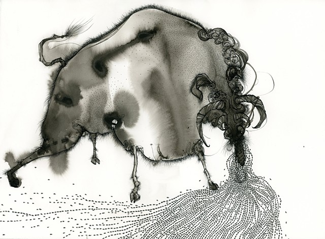 could be an ant eater lots of ants ink drawing four legged creature contemporary drawing calligraphy living artist betsy heistand jones