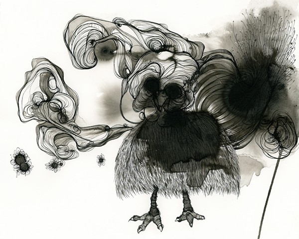 calligraphy ink drawing of a emu with a silly title about punning by betsy heistand jones on saunders watercolor paper artist cooper union