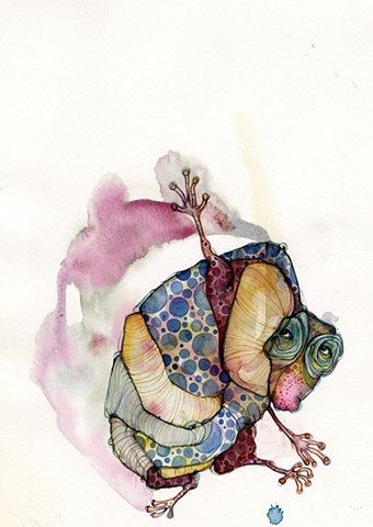 Schmincke Horadam watercolor painting by betsy heistand jones of a creature with hands and a sad face this one is very brightly colored