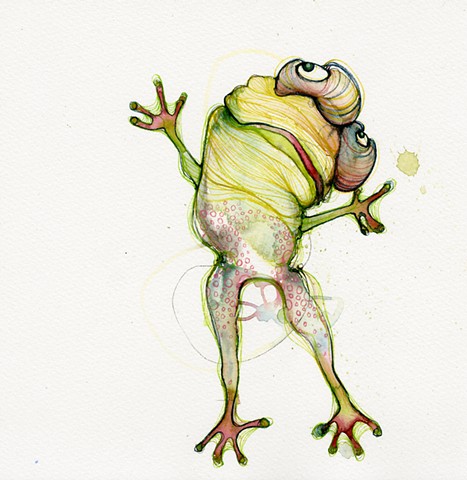 Schmincke Horadam water color painting of a happy frog. artwork by betsy heistand jones