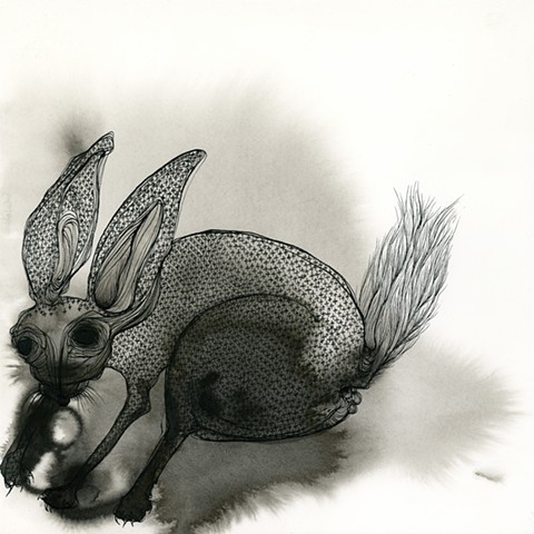 arnot art museum gallery gala an india ink with brush and steel dip pen drawing of a rabbit bunny with large ears and eyes. the rabbit has a flower pattern all over it's body.  by betsy heistand jones. cooper union betsy jones. betsy s jones cooper union