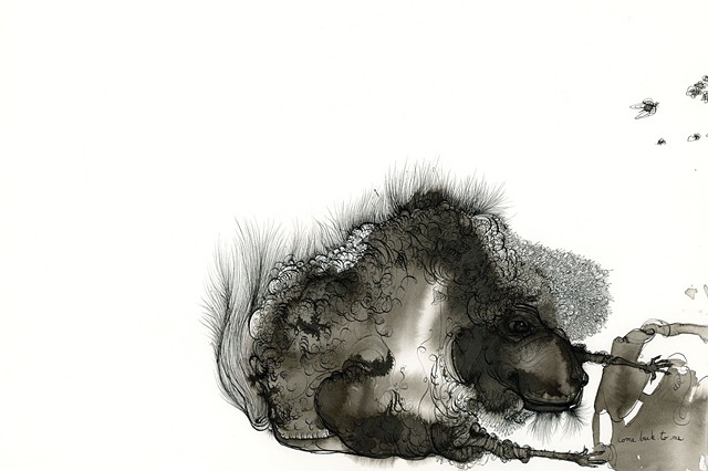 This is a contemporary maximalist drawing by the artist betsy heistand jones. Made with india ink on watercolor paper, this artwork features a creature built up with fine calligraphic lines use brush, dip pen and flowing ink splatters.