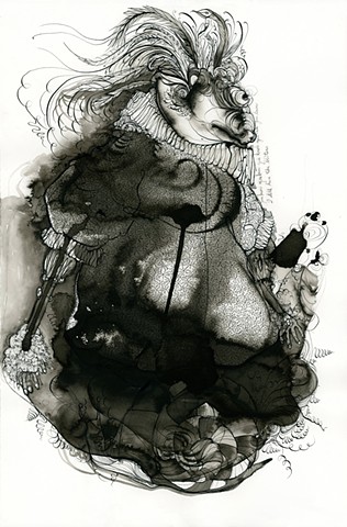 available work calligraphy ink drawing of a walrus fish lizard monster with feathers monster with a ruff that was a heart attack by betsy heistand jones on saunders watercolor paper