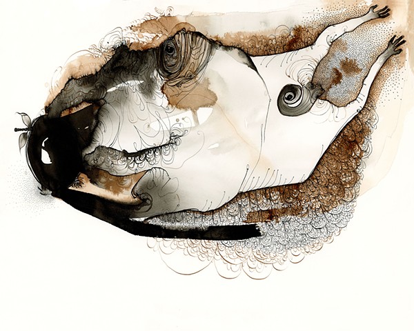black walnut ink and india ink animal or monster eating and apple with a curly tail by betsy heistand jones betsy jones artist with available works went to the cooper union