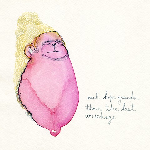 a sad monkey with no arms and yellow tears. Each Hope Grander Than The Last Wreckage. artwork by betsy heistand jones