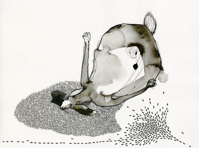 a rabbit or bunny looking at you with sad eyes as there seems to be a lot of ants all over the place by betsy heistand jones. illustration betsy heistand cooper union