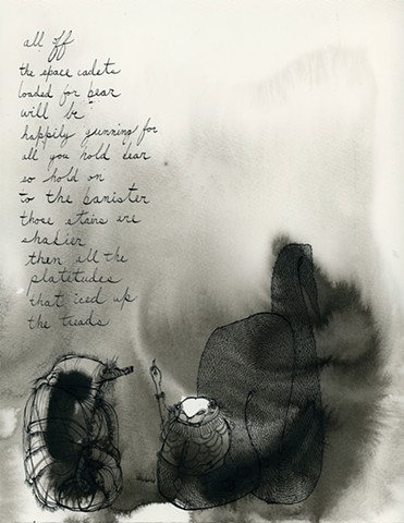 caligraphy ink drawing with a mole and a snake creature with a ruff pointing at a poem by betsy heistand jones