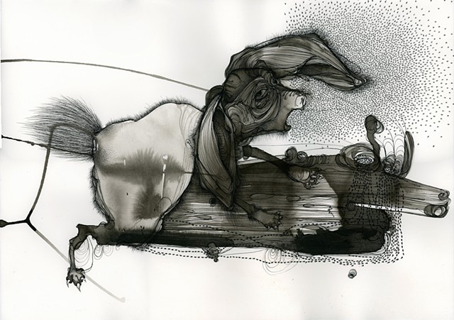 a rabbit on a log with flowers coming out of it's mouth with ants as well ink drawing by betsy heistand jones  artist cooper union