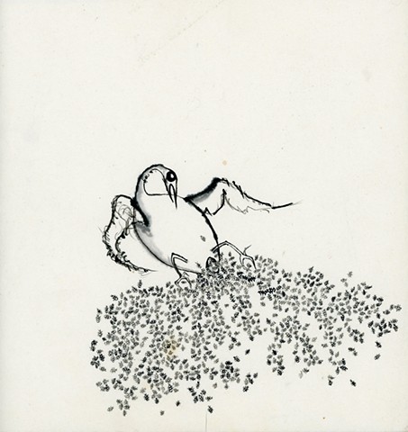 an ink drawing on kozo japanese paper of of a bird that has ants coming out of it and isn't too happy about the whole thing by betsy heistand jones at the cooper union alumni japanese paper art brut outsider art line drawing female artist