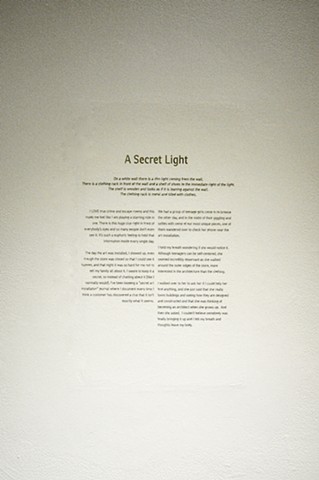 A Secret Light is a story engraved into the gallery wall. The story is of an insulation done a month prior to the show.