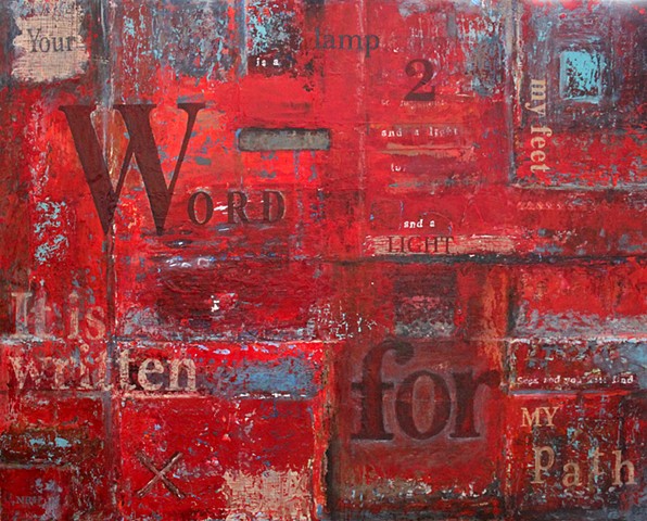 red oil painting, text, Psalm 119:105