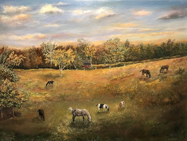 Sun setting over pasture and grazing horses