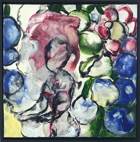 Encaustic on board impressionistic gardener in garden with black, pink, blue , green and white shapes