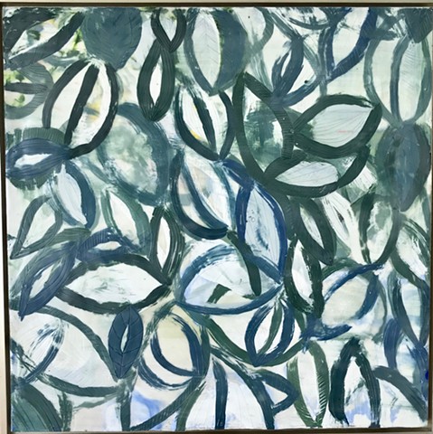 Encaustic wax on board abstract plants with dark greens, blues and whites