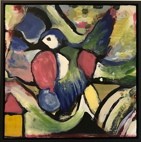 Encaustic on board impressionistic bird in garden with black, green, blue, white and pink