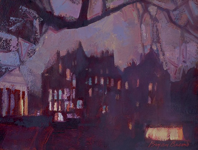 Mercer at dusk, lit windows at night, Bucks County Art