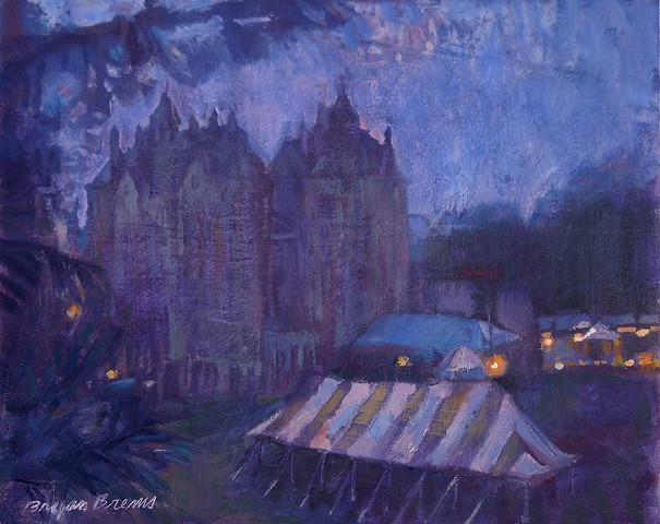 Mercer at night with tent, sunset light