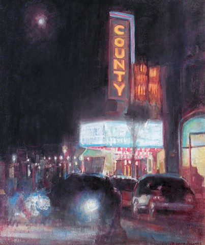 County at night painting, Bucks County Art, moon and County Theater, PA impressioism