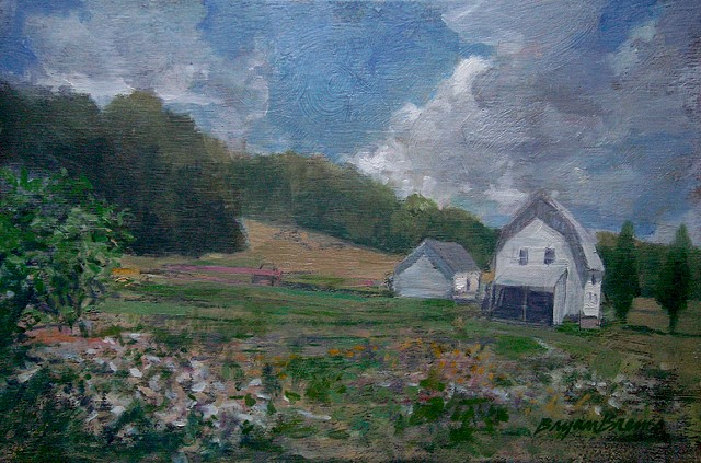 hillside cottage Bucks County art, clouds, farmland