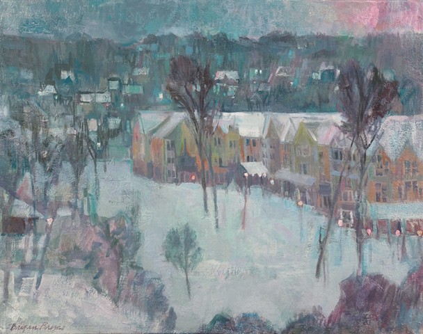 snow scene with buildings at dusk, Bucks County Art, Bryan Brems snow scene