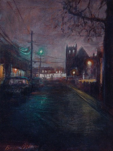 night scene, church, effects of wet road, PA Impressionist, Bucks County Art. Bryan Brems night scene