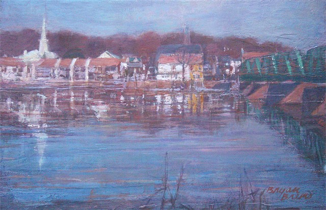 River scene, Lambertville, Bucks County art, painting of a bridge, PA Impressionism