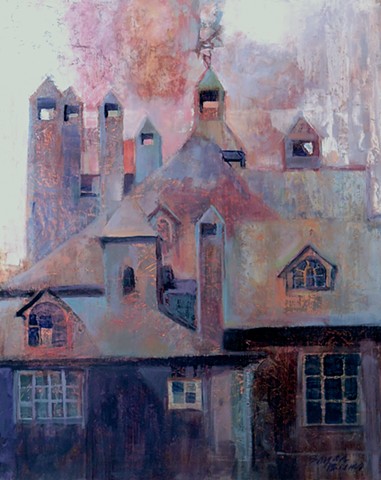 Mercer Museum painting, geometric shapes, rooftops, light and forms