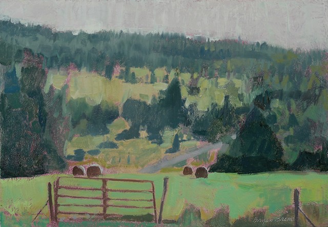 green farmland, hay bails, atmospheric, Bucks County Art 