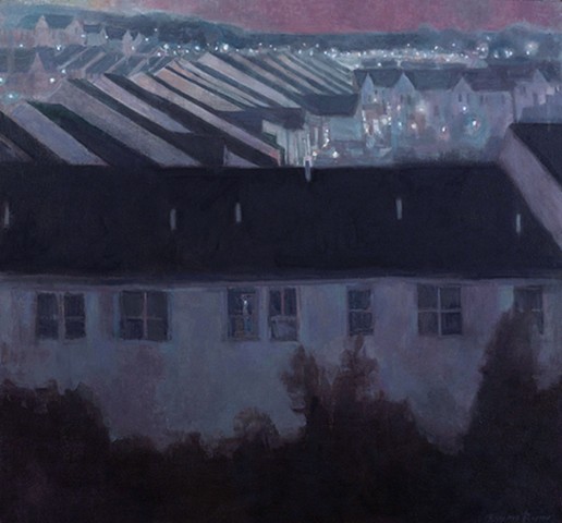 Houses and rooftops, red sky, geometric patterns, modern art