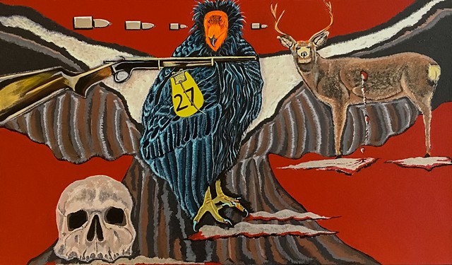 Acrylic Painting illustrating death of California condors, humans and other wildlife by lead poisoning by Alyson Dana Singer