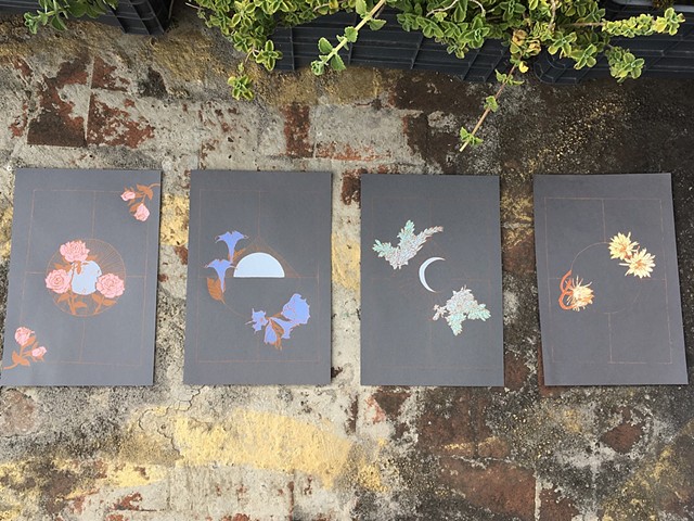 Silkscreened multi-color print of the lunar cycle and nocturnal flowers.